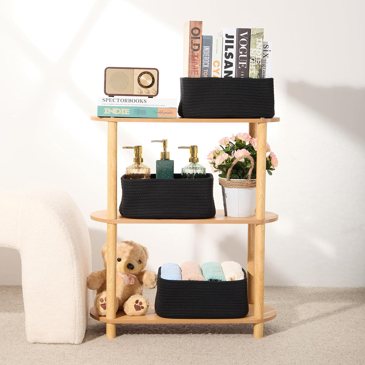 Small Storage Baskets for Organizing | Closet Organizer Bins | Shelf Toy Basket | Woven Rope Baskets | Cube Decorative Box | Shallow Basket | 11.5x7.5x4.7” | 3 Packs Black
