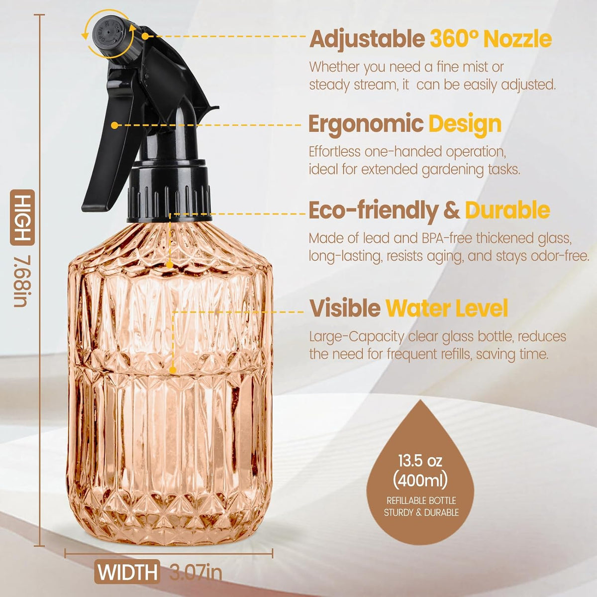 Glass Plant Spray Bottle, 13.5 oz Small Plant Mister, Leak Proof Fine Mist Watering can with Adjustable Nozzle for Indoor Plants Lover, Gardening, Hair, Cleaning Solutions (Orange)