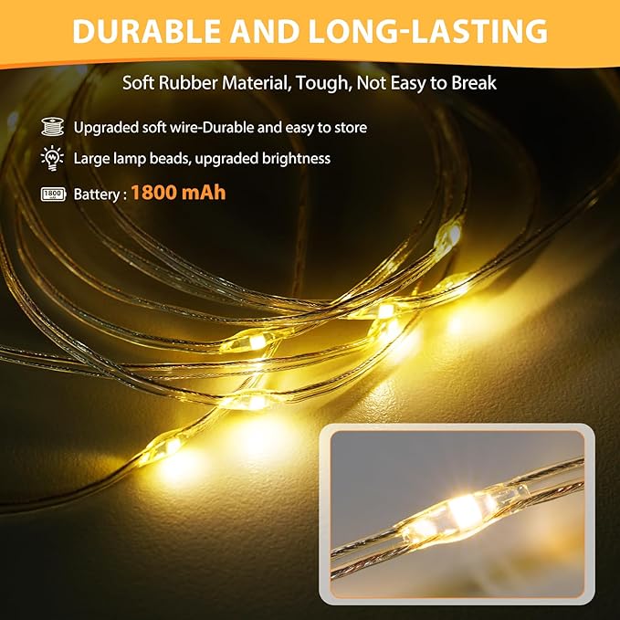 Camping String Lights, 4 in 1 Quick Storage 32.8FT Rechargeable Tent Lights with 6 Modes Hanging Waterproof Camp Lamp Camping Essentials for AwnTent Hiking Yard Garden Bedroom Festival -Warm White