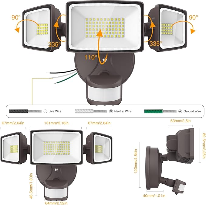 Onforu 65W LED Security Lights Motion Sensor Light Outdoor, 6500LM, 6500K, IP65 Waterproof, Flood Light Outdoor Motion Detector with Adjustable 3 Head, Hardwired Wall Light for Entryway, Yard (Brown)