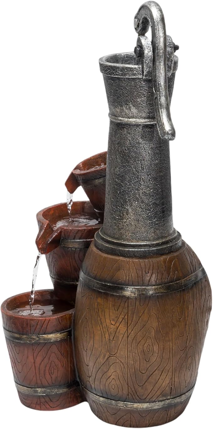 Alpine Corporation ZEN403S Indoor/Outdoor Floor Vintage Farmhouse Barrel Fountain, Rustic Waterfall for Garden, 24", Brown