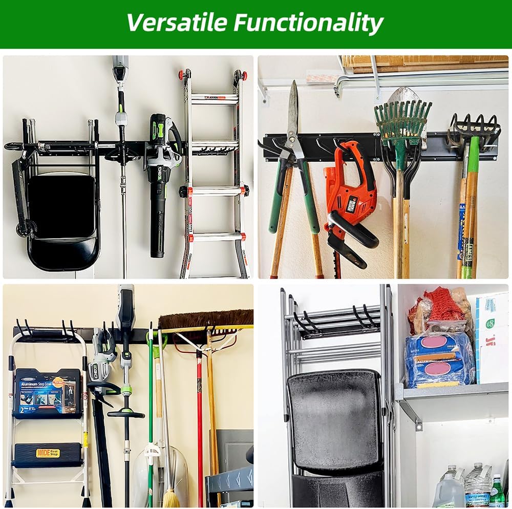 Garage Organization, Garage Wall Organizer with 48 inches Rails and 6 Hooks, Tool Organizers Heavy Duty, Shovel Holder Wall Mount Max Load 360 LBS, Sturdy Garden Tool Rack for Folding Chairs