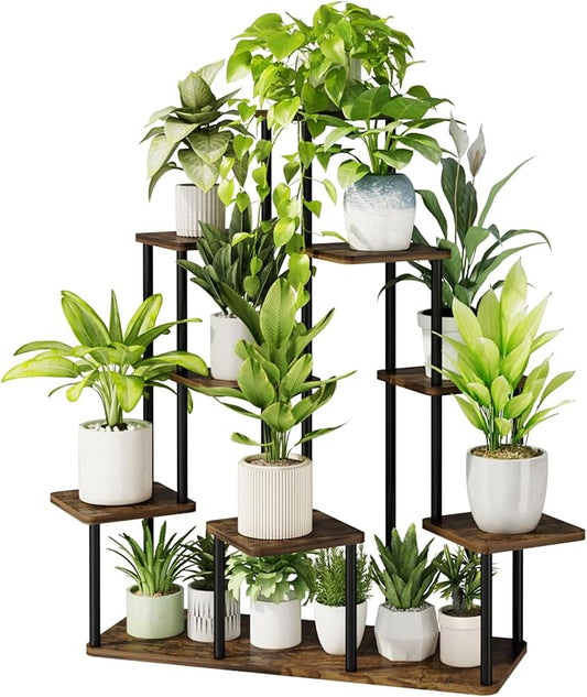 Bamworld Large Plant Stand Indoor, 9 Tier Tall Metal Plant Shelf for Multiple Plants, Tiered Flower Stand for Patio Garden Balcony Living Room Bedroom(Brown)
