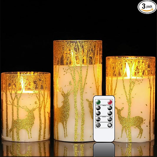 Christmas Deer Flameless Candles with Remote Timer, Glass Battery Operated Pillar Candles with Gold Elk Decor, LED Flickering Candles with 3D Wick and Real Wax for Winter Christmas Home Decor