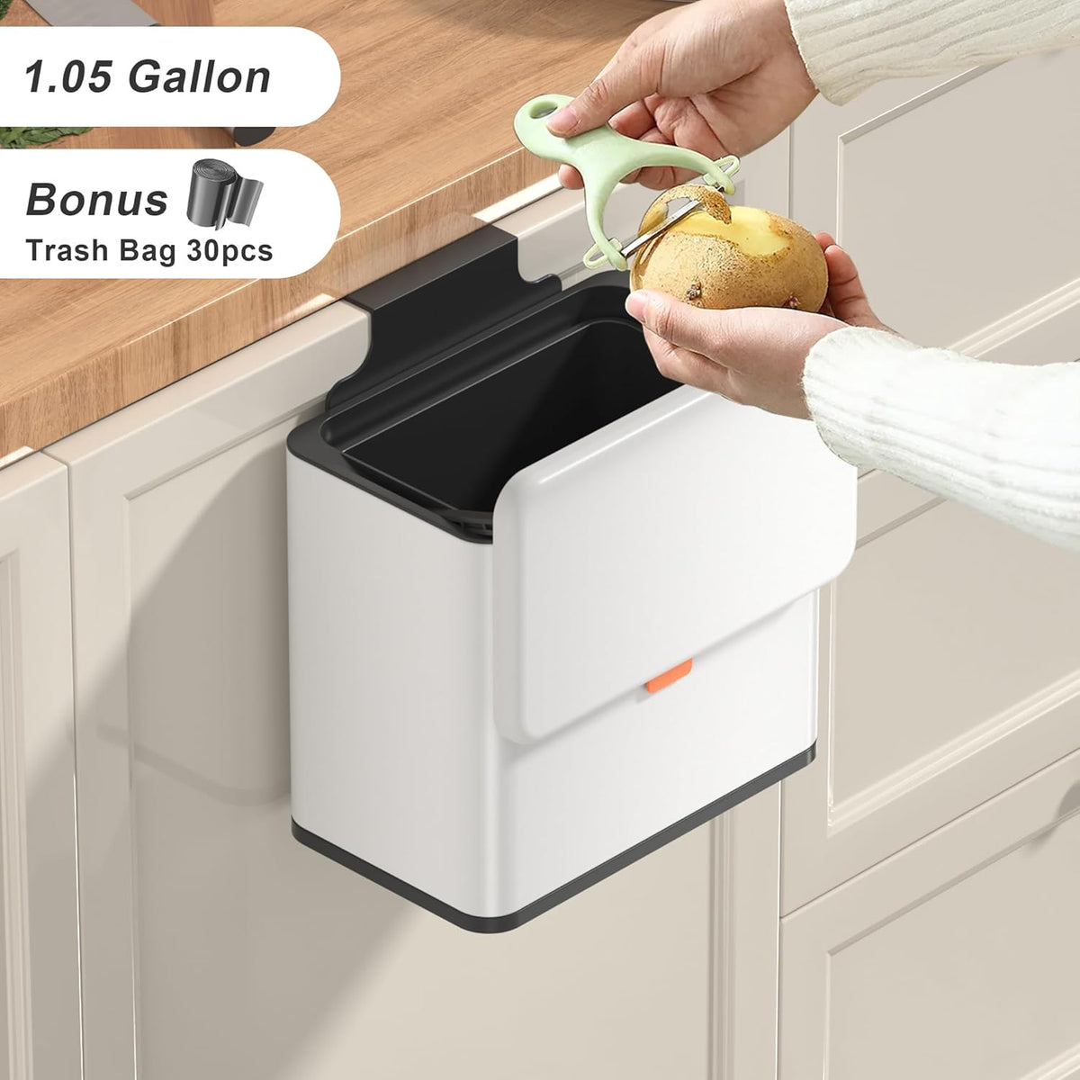 Mbillion Kitchen Compost Bin Hanging Trash Can with Lid 1.05 Gallon Stainless Steel Garbage Can for Kitchen Cabinet Door Mounted Trash Can Under Sink Door RV Bathroom,White