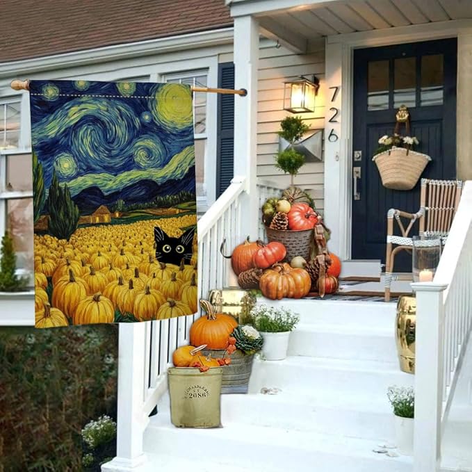 BLKWHT Fall Pumpkin Cat House Flag 28x40 Vertical Double Sided Blue Sky Autumn Thanksgiving Holiday Outside Decorations Burlap Yard Flag BW825-40