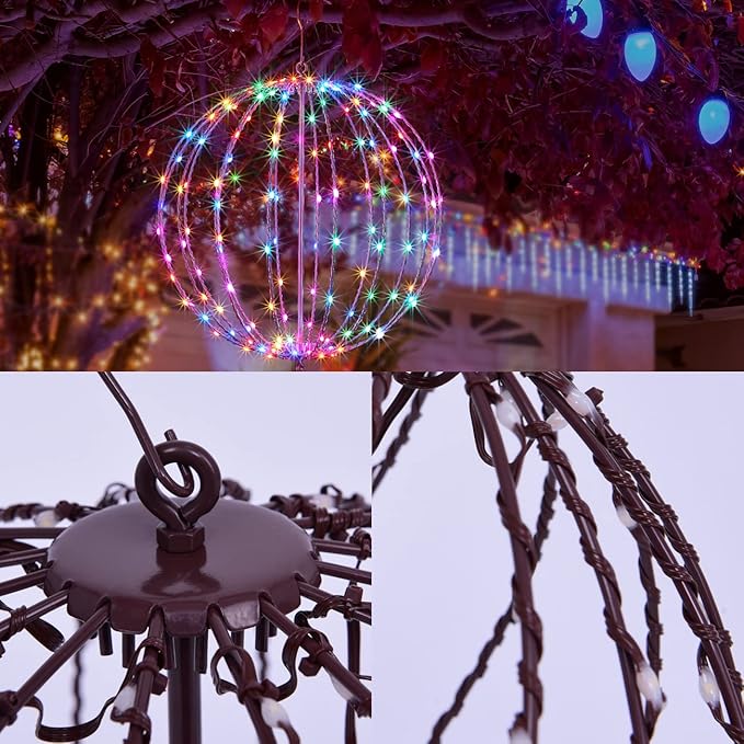 Christmas Ball Sphere, 20IN 200LED Hanging Tree and Pathway Light With Hook and Stake, Foldable Metal Frame Ball for Outdoor Garden, UL Listed, Brown Frame, RGB