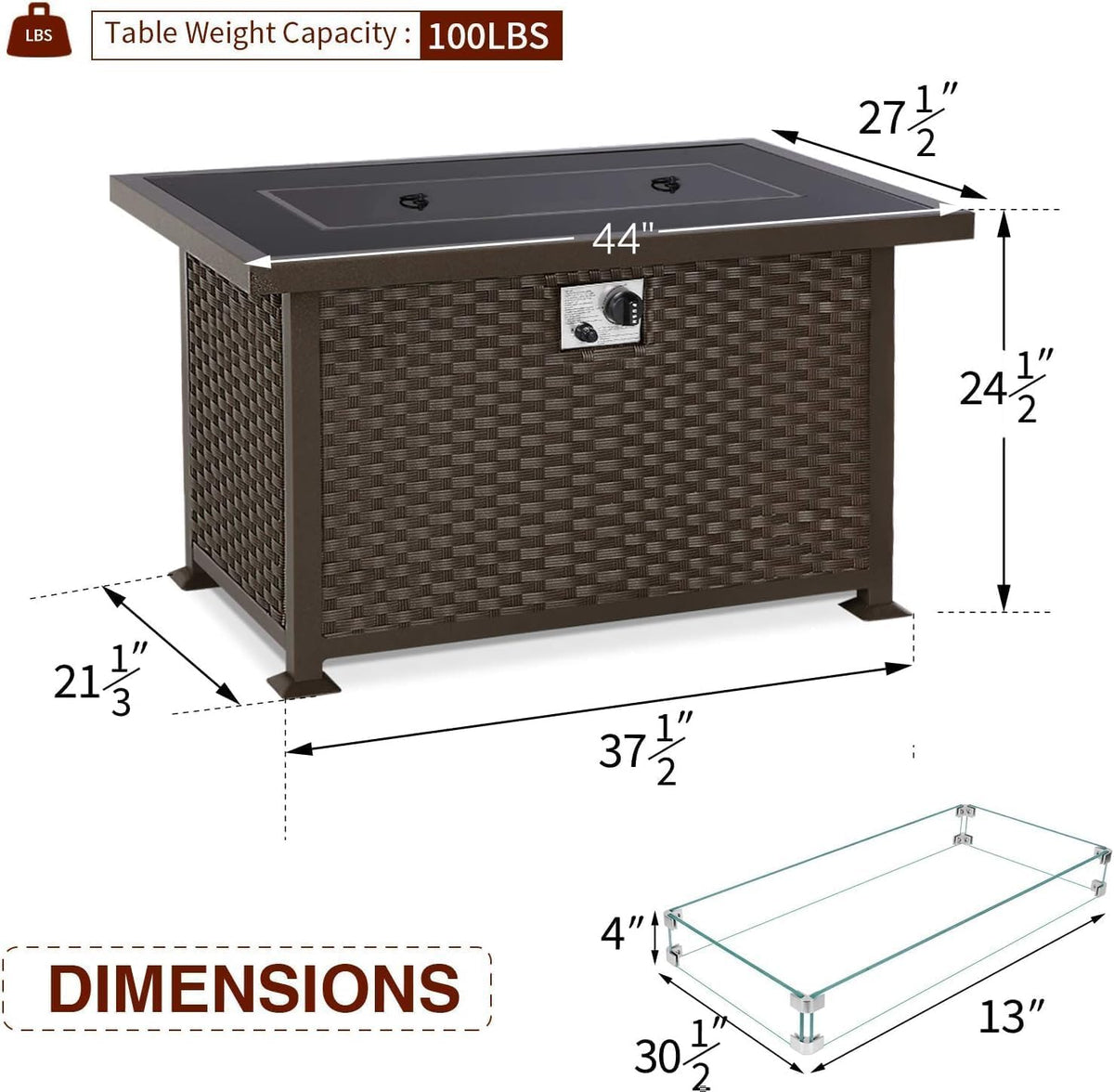 U-MAX 44in Outdoor Propane Gas Fire Pit Table, 50,000 BTU Auto-Ignition Gas Firepit with Glass Wind Guard, Black Tempered Glass Tabletop & Blue Glass Rock, Brown PE Rattan, CSA Certification