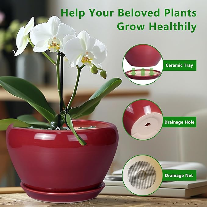 Ceramic Planter - Indoor Plant Pot with Drainage Hole and Saucer 13 Inch Large Pots for Plants Round Modern Outdoor Flower Pot Mid-Century Patio Room Decor Red