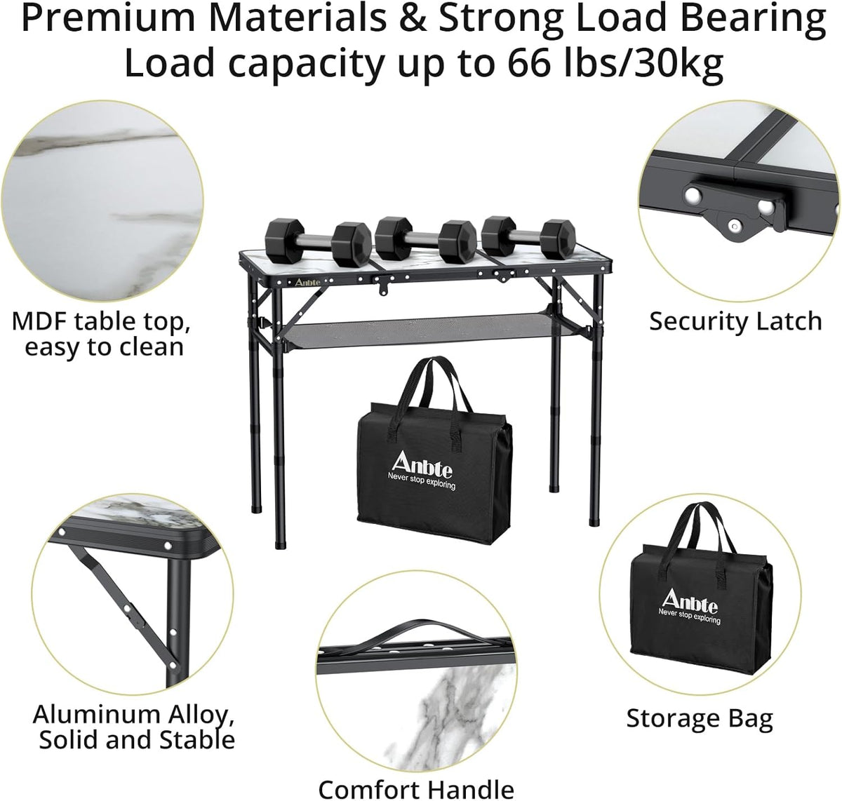 Folding Camping Table, Aluminum Small Folding Table 3 Adjustable Height Max 27.5", Portable Table with Carry Handle, Lightweight, for Outdoor Indoor Travel Camping Picnic BBQ, 34.6" x 15.7"