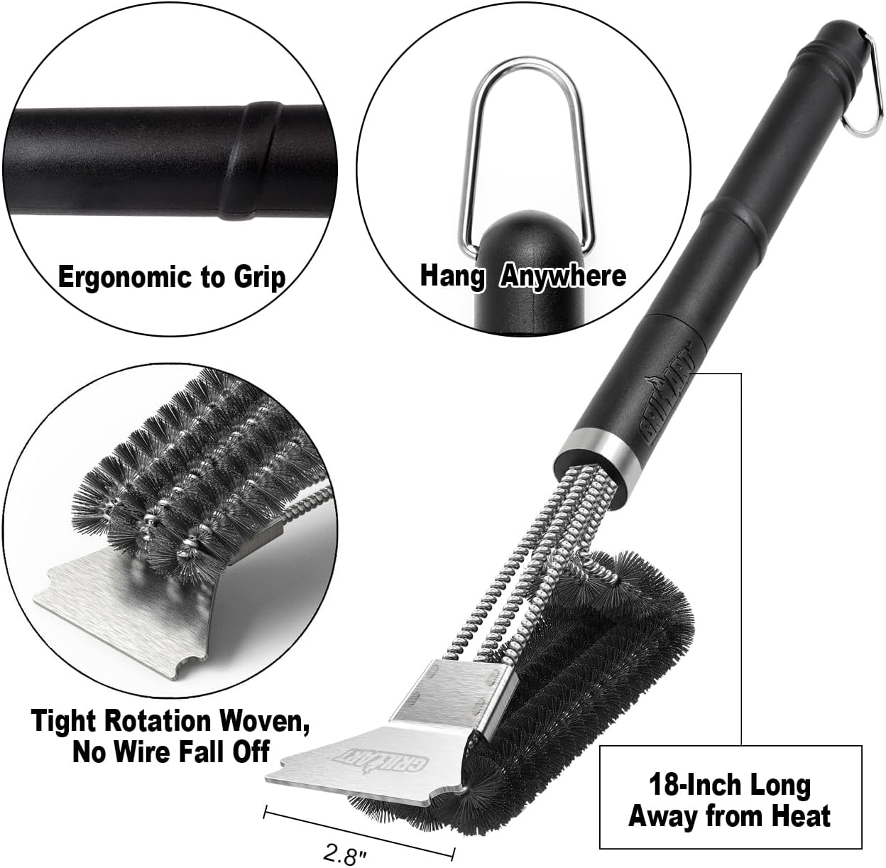 GRILLART Grill Brush and Scraper BBQ Brush for Grill, Safe 18" Stainless Steel Woven Wire 3 in 1 Bristles Grill Cleaning Brush, BR-4516