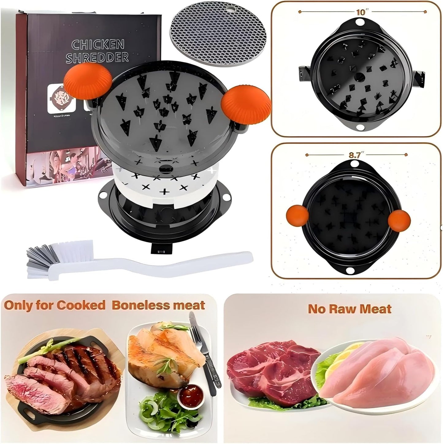 Chicken Shredder Meat Shredder Tool Twist Chicken Breast Shredder Large-Shredding Tools Chicken Breast, Pulled Pork, Beef with Stainless Steel Spikes (Orange & Black)