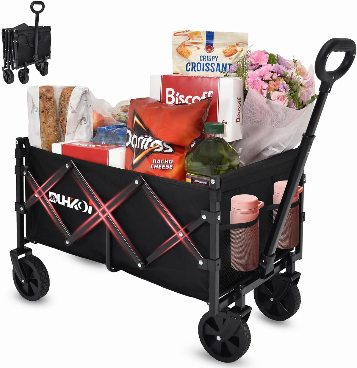 Collapsible Wagon Cart with Wheels Foldable,11 Lbs Lightweight Portable Folding Utility Wagon,90 L Heavy Duty Grocery Shopping Carts,Versatile for Garden Sports Camping Park Outdoor Use