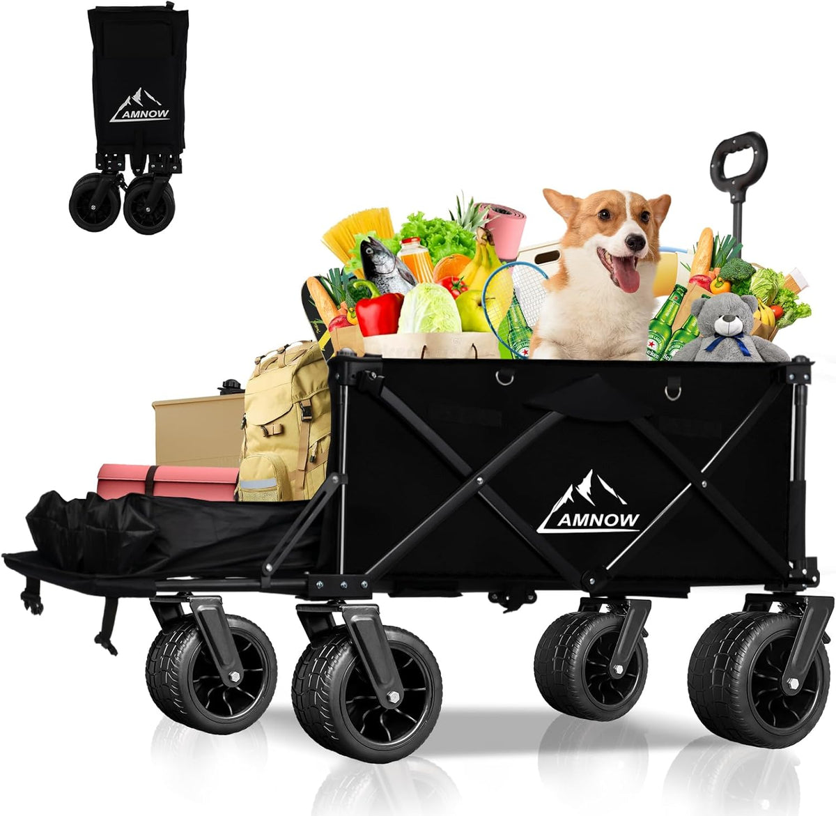 Collapsible Beach Wagon Cart with Big Wheels, 440LBS Upgrade Large Capacity Folding Wagon, Foldable Grocery Cart with Side Pocket and Brakes, Ideal for Sand Camping Outdoor Garden Sports, Black