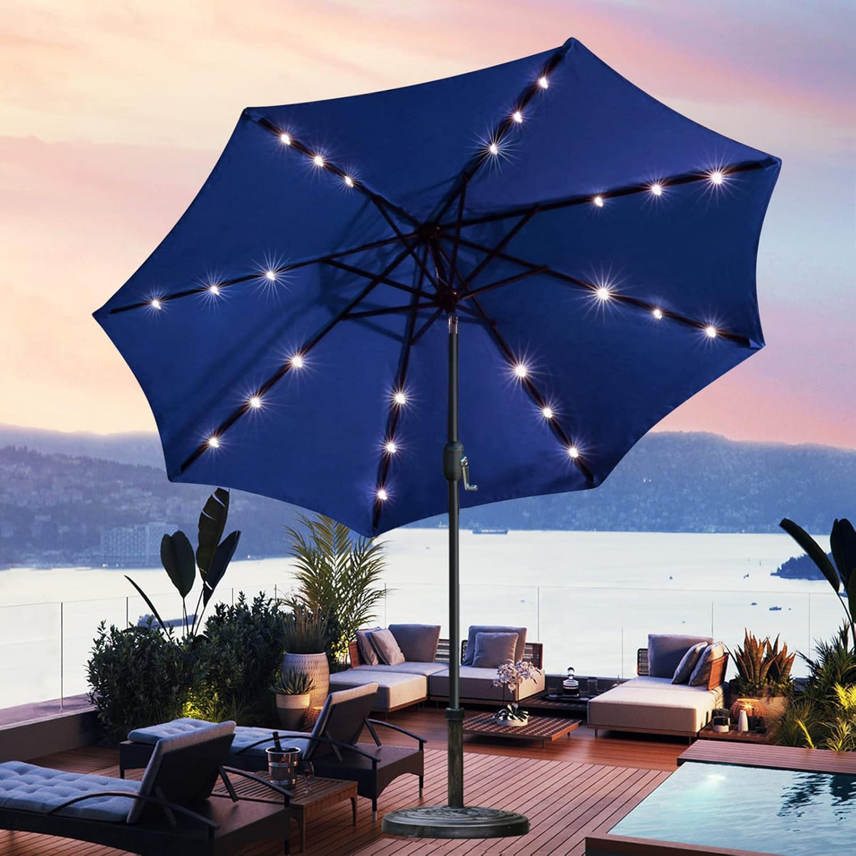 Sunnyglade 9' Solar LED Lighted Patio Umbrella with 8 Ribs/Tilt Adjustment and Crank Lift System (Navy Blue)