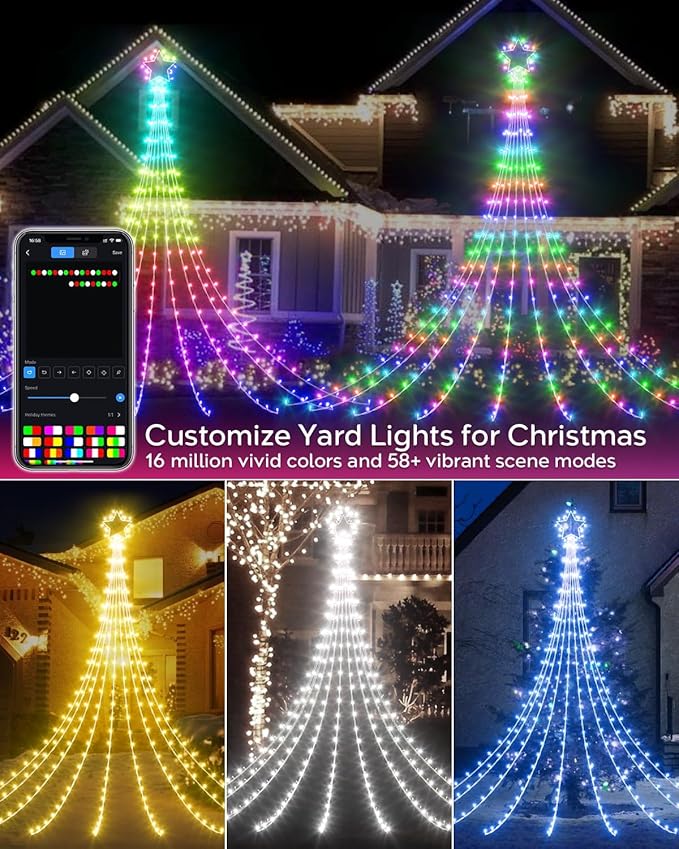 23FT Outdoor Decorations Waterfall String Lights for Valentines, Smart Romantic RGB Led Star Tree Lights DIY Preset Scenes App Remote Control Large Unique Yard Lights for Outside Patio Home