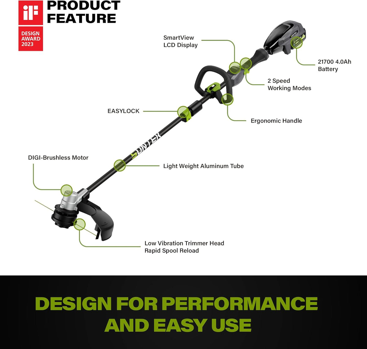 SUNTEK Electric String Trimmer Edger, 40V 15-Inch Brushless String Trimmer Cordless with 4.0Ah Battery and Fast Charger Included, 2-Speed Levels, Integrated Screen and APP Connection, Aluminum, Black