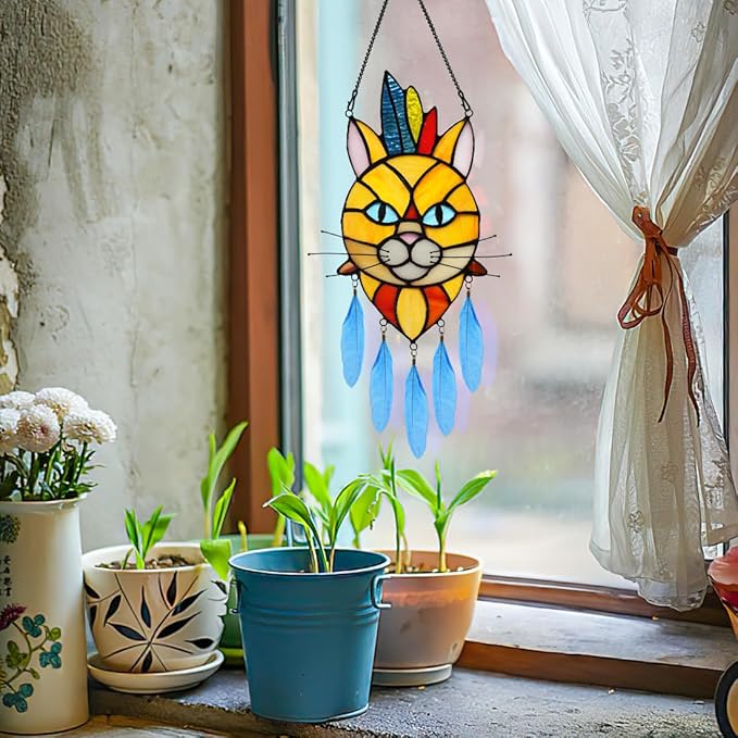 BOXCASA Orange Cat Decor Stained Glass Window Hangings,Cat Suncatcher for Window Indian Feathers Decoration,Funny Cat Decor Gifts for Cat Lovers,Cat Themed Gifts for Women