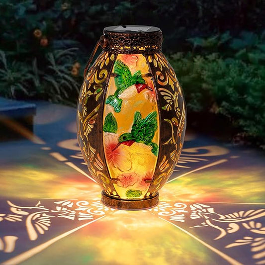 Hanging Solar Lantern Outdoor Waterproof Glass Solar Hummingbird Flickering Flame LED Garden Lights Metal Hollowed-Out Table Lamps Garden Decorations for Yard Patio Pathway Tabletop Tree Holiday