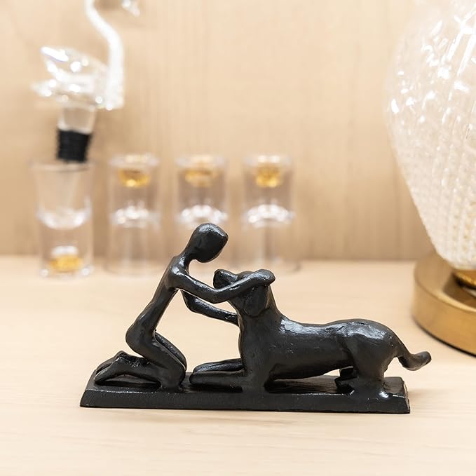 Boy and Dog Statue, Love of Dog Sculpture, Gifts for Dog Lovers, Dog Memorial Gifts for Man and Boy, Cast Iron, Black