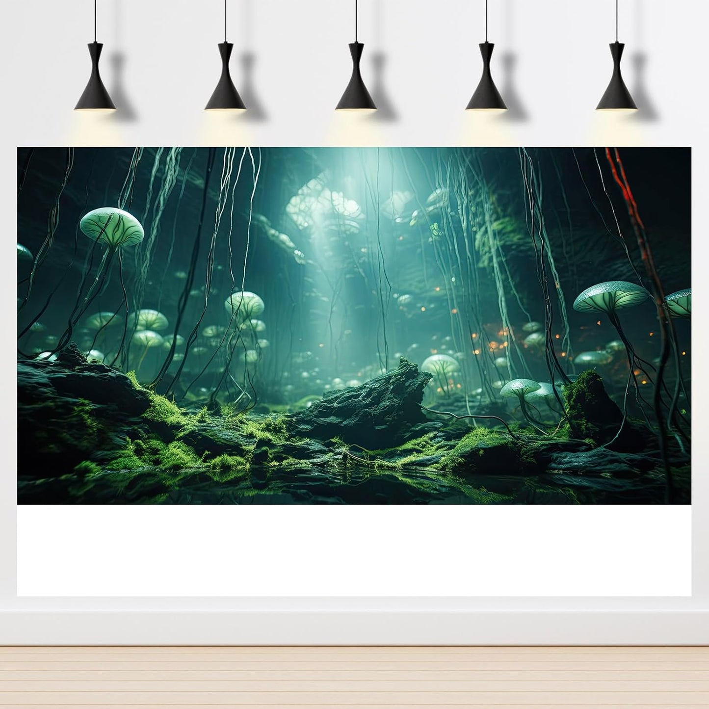 Aquarium Background Foggy Stone Mushroom Green Moss Fish Tank Background Mysterious Green Seaweed Scenery Aquarium Backgrounds White Mushroom Reptile Tank Enclosure Backgrounds Wallpaper 60x24in