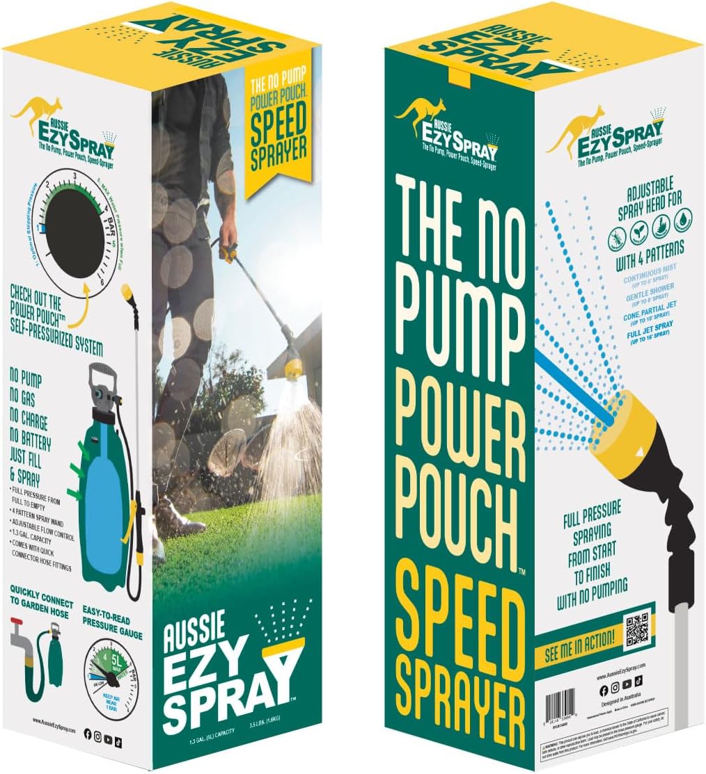 Aussie EzySpray™ 1.3 Gal No-Pump Garden Sprayer – Power Pouch™ Self-Pressurizing, Handheld with 4 Spray Patterns, Comfort Grip Wand, Chemical & Water Use