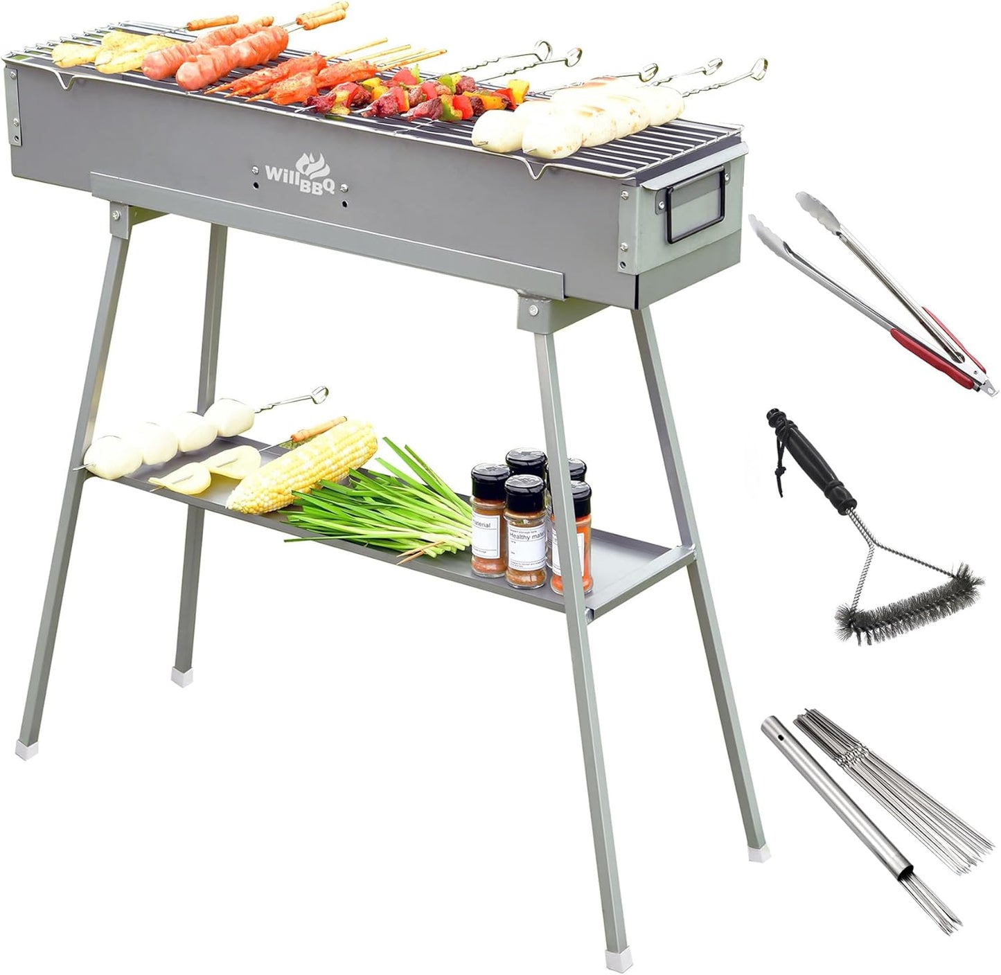 Charcoal Grills Commercial Quality Portable Multiple Size Hibachi BBQ Lamb Skewer Folded Camping Barbecue Grill(31.6x7.1x5.1 inch With Accessories)