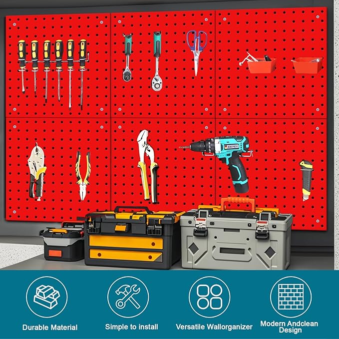 6 Pack Steel Peg Board,Universal 1/8 and 1/4 Pegboard Accessories,Ideal for Garage Tool Storage, Office Organization, Craft Room, Kitchen etc. (Red, 6-12X12)