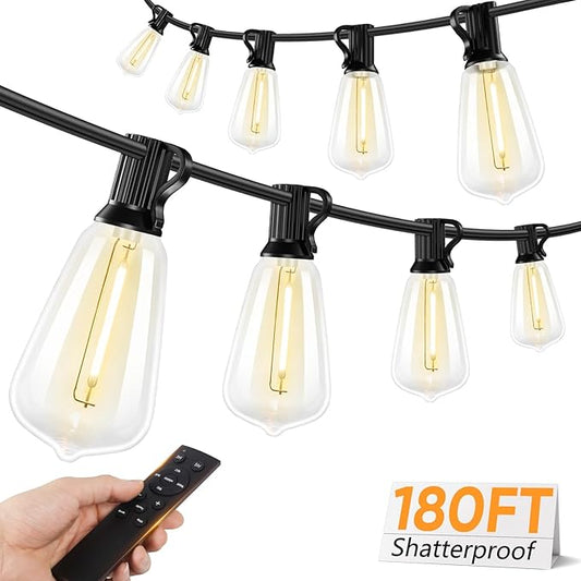 Brightever 180FT LED Outdoor String Lights, Dimmable Patio Lights with Remote Control, 56 Shatterproof ST38 Edison Bulbs, 3 Lighting Modes, 3H/5H Timer, Outdoor Hanging Light for Pool，Fence, Garden