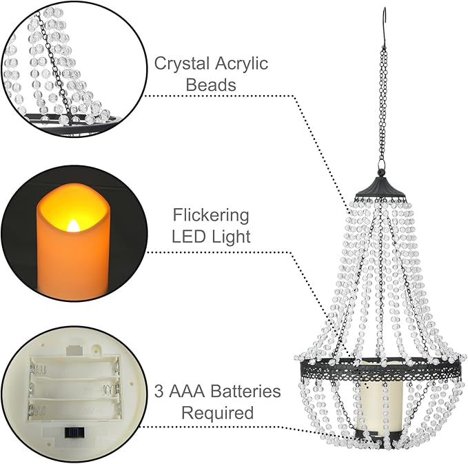 Hanging Candle Chandelier Outdoor, Battery Operated Clear Acrylic Beaded Chandelier with Flickering Led Candle Light S Hooks Modern Lantern for Garden Yard Patio Gazebo Room Indoor Decorations, 27”H