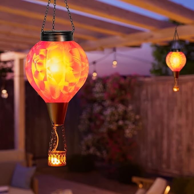 2PC Hot Air Balloon Solar Lantern with Flame, Pink Glass Balloon Lantern Lights Outdoor Waterproof, Hanging Solar Lights for Outside Garden Yard Patio Tree Porch Gift for Women Lovers Mom
