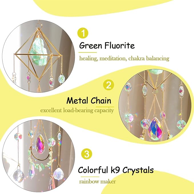 Green Fluorite Crystal Suncatcher Window Hanging Pendant Glass Prisms Decor Wind Chime Rainbow Sun Catcher for Home Garden Porch