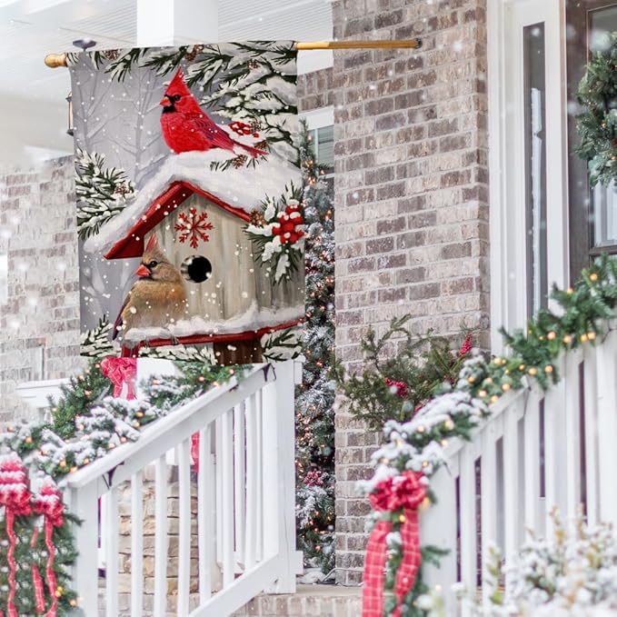 BLKWHT Winter Cardinal Bird House Flag 28 x 40 Vertical Double Sided Trees Snow Christmas Holiday Outside Decorations Burlap Yard Flag BW735-40