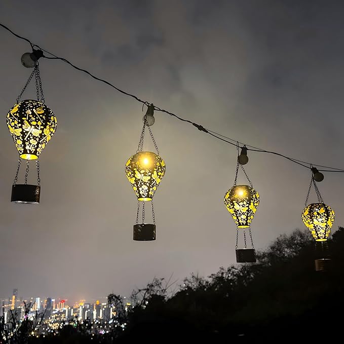 4-Pack Dragonfly Decor Hot Air Balloon Solar Lantern – Outdoor Decorative Hanging Light for Garden Yard Patio Porch Lawn and Pathway – Unique Housewarming, Birthday Gift for Women Mom Grandma