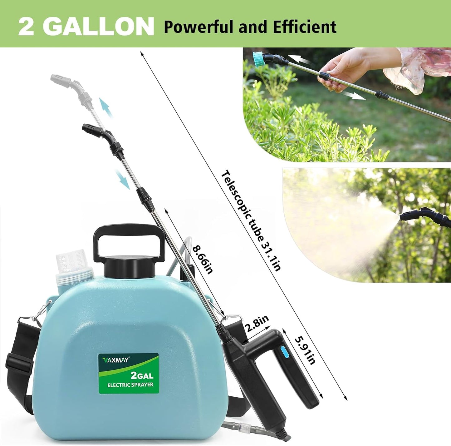 Battery Powered Sprayer 2 Gallon, Upgrade Powerful Electric Garden Sprayer with 3 Mist Nozzles, Rechargeable Handle, Retractable Wand, Adjustable Shoulder Strap for Lawn,Garden,Cleaning