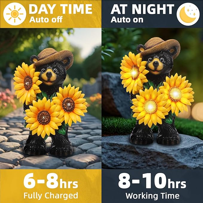 Bear Statue with Sunflowers LED Light 7.2" Solar Lamp Outdoor Garden Patio Yard Porch Lawn Decor Waterproof Resin Black Bear Figurine Unique Garden Gifts for Women Mom Grandma Sister