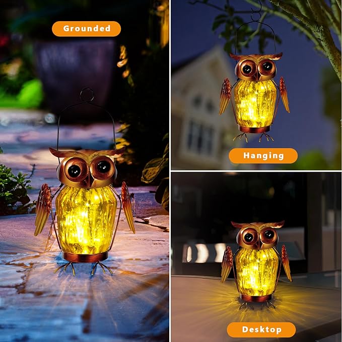 2 Pack Hanging Solar Lantern, Owl Solar Lanterns Outdoor Waterproof LED Glass Jar Lights for Garden Yard Tree Table Xmas Metal Decoration Lanterns