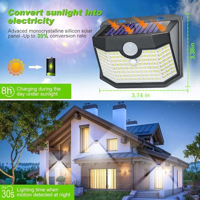 HMCITY 120 LED Outdoor Solar Lights with Motion Sensor and 3 Lighting Modes, IP65 Waterproof Wide Solar Wall Lights Ideal for Garden Patio Yard (Front Button 4Packs, Daylight White)