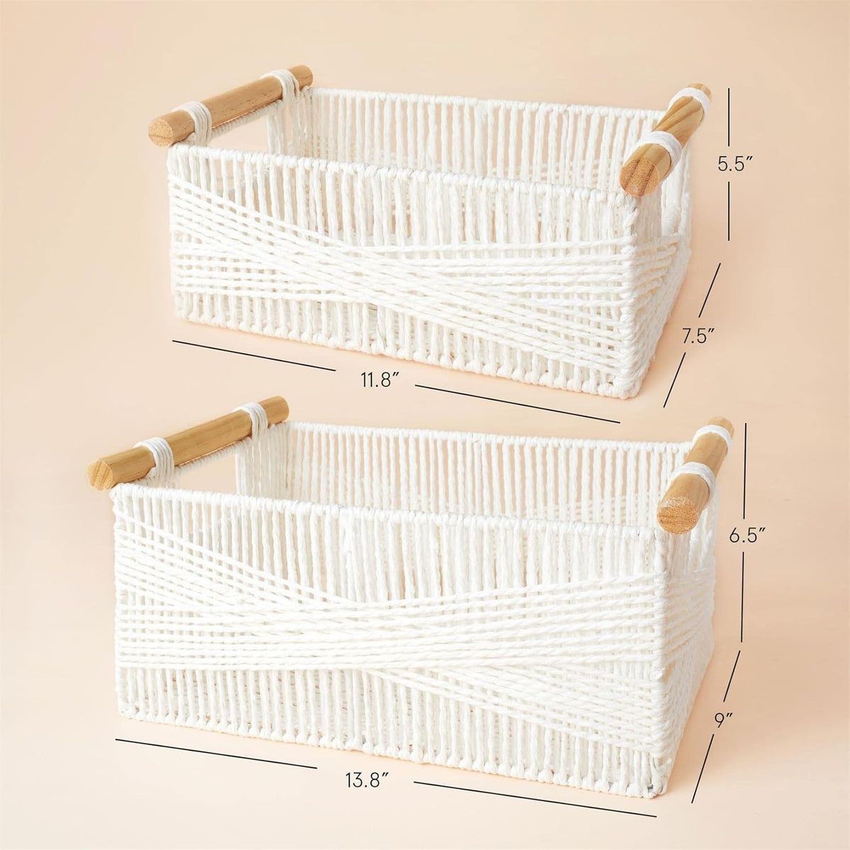 LA JOLIE MUSE Wicker Storage Baskets for Organizing, Recyclable Paper Rope Basket with Wood Handles, Decorative Hand Woven Basket Organizers for Makeup Books Shelves Living Room, White, Set of 2