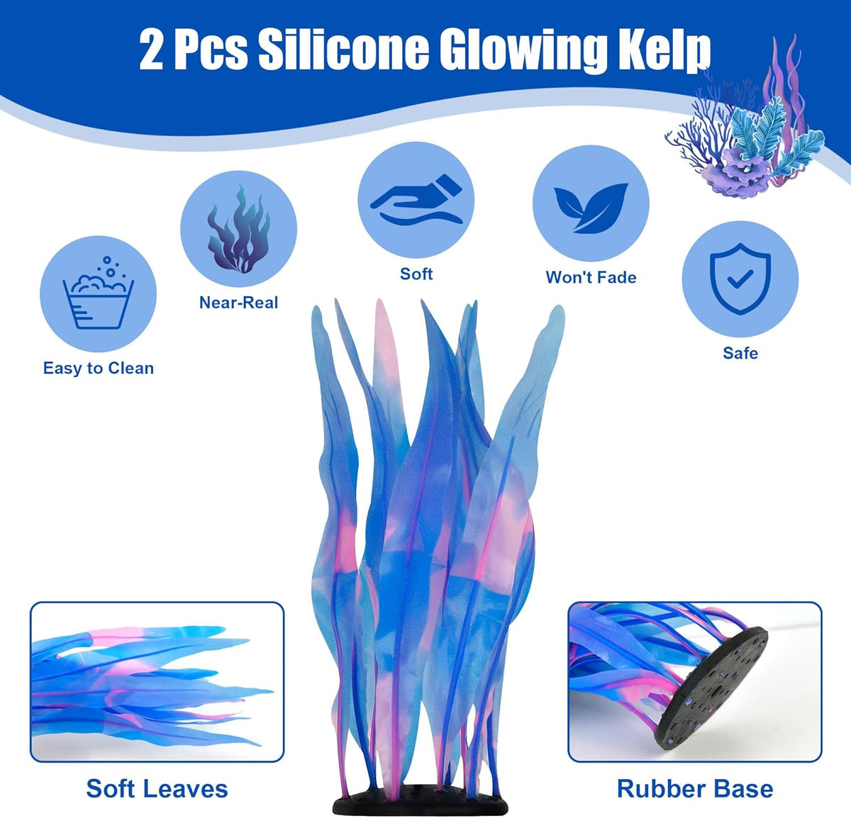 Kaiyuan Dynasty 2pc Silicone Aquarium Plants Artificial Plants for Fish Tank Glowing Kelp Aquarium Plant Decor Fish Tank Plants Simulation Artificial Water Grass,7inch,Blue