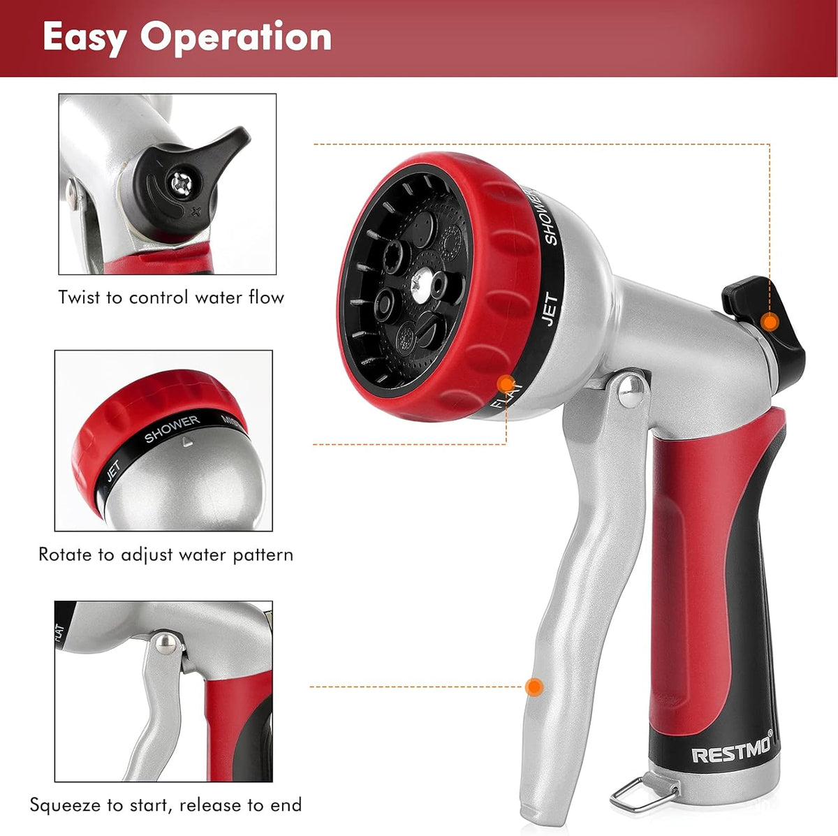 RESTMO Garden Hose Nozzle, Heavy Duty Metal Water Hose Nozzle with 7 Adjustable Spray Patterns, High Pressure Hand Sprayer with Flow Control, Best for Watering Plants & Lawns, Washing Cars & Pets, Red