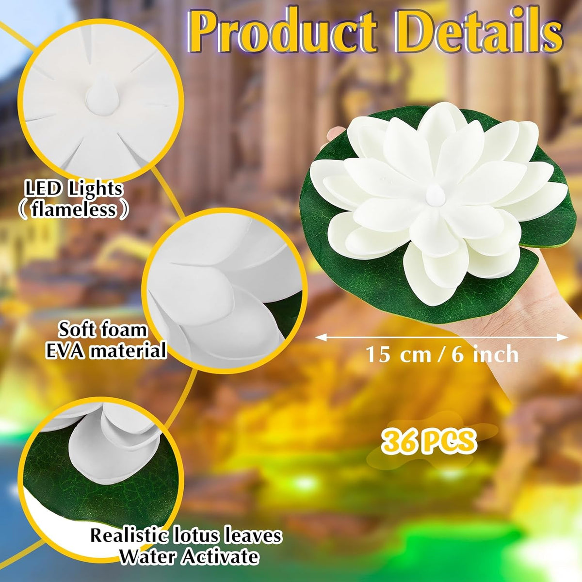 Liliful 36 Pcs Diwali Lotus Decoration Floating Lights Lotus Artificial Floating Flowers for Pool with LED Lights Battery Operated for Indian Puja Ganesh chaturthi Diwali(5.91 Inch,White)