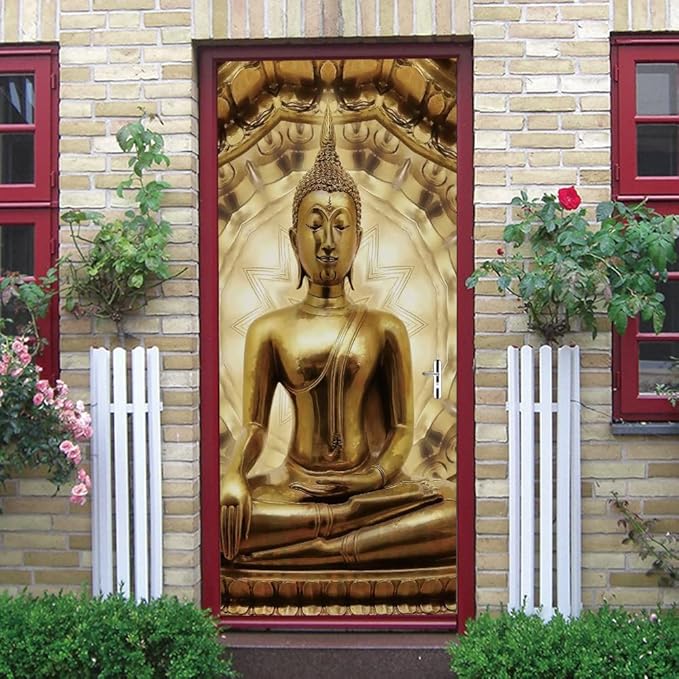 3D Door Stickers - Buddha Statue Murals - Peel & Stick Wallpaper - Self-Adhesive Decals - Removable PVC Waterproof - Bedroom & Living Room - 37.4" x 78.7"