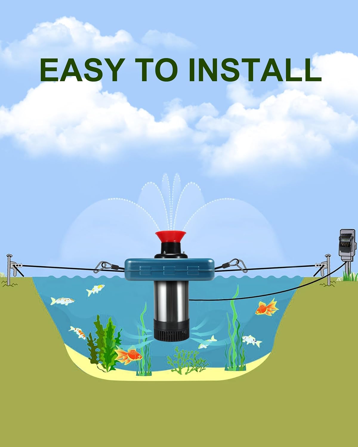 Pond Fountain Aerator 1HP, AS2 750W 15000GPH 110V/120V High Flow Floating Water Fountain Pump With 100ft Power Cord, Stainless Steel Body Aerating Fountains Cascade for Large Small Pond/Lake