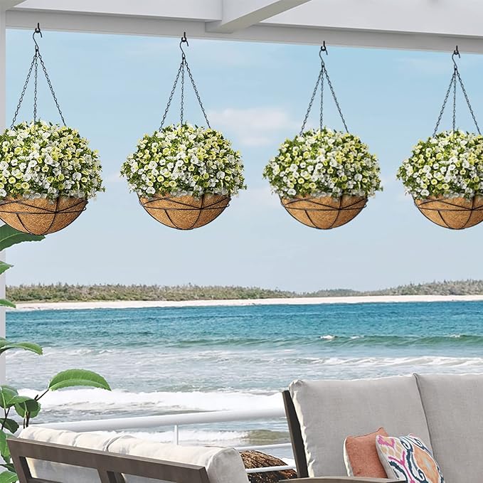 4 Pack 12 Inch Hanging Planters for Outdoor Plants Metal Watering Flower Baskets with Coco Liner for Hanging Pot Round Plant Holders Planter for Outside Garden Decoration