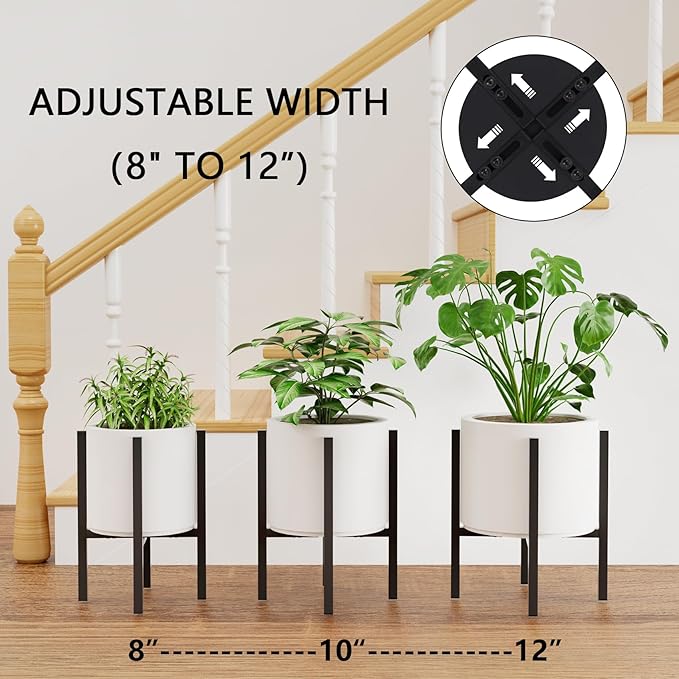 2-Pack Adjustable Metal Plant Stand Indoor Outdoor - Fits 8 to 12 Inches Pots - Mid Century Modern Planter Stand Black Flower Pot Holder Home Decor for Gardening Gifts