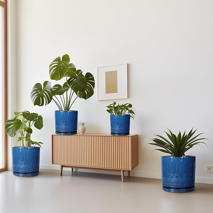 Ceramic Planter - 8 Inch Plant Pot Indoor with Drainage Holes and Saucer Round Planter Outdoor Mid-Century Modern Flower Pot Succulent Pot for Home Decor Blue