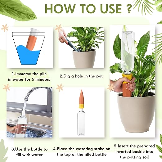 4 Pack Plant Watering Devices, Terracotta Self Watering Spikes with 25 oz Plastic Wine Bottles, Slow Release Plant Waterer Self Watering Planter for Vacation Indoor Outdoor Plant