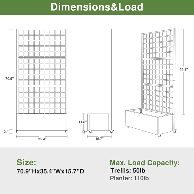 Casaphoria Metal Raised Garden Bed with Trellis and Wheels, 72"x35"x16" Planter Box for Climbing Plants, Vegetables & Vines, Features Drainage Holes and Privacy Screen (Black-Grid)