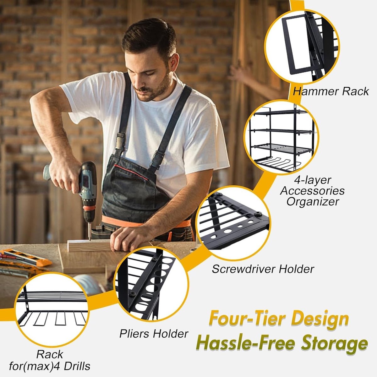 Wall Mount Power Tool Organizer, 4 Layer 4 Drill Hangers Storage Rack, Tool Organizers and Storage for Garage, Workshop, Pegboard, Shed - 16 inch
